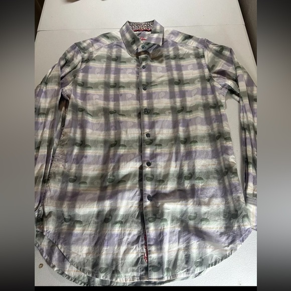 Robert Graham Men's Sz S Long Sleeve White Green Paisley Plaid Button Up Shirt - Picture 2 of 11